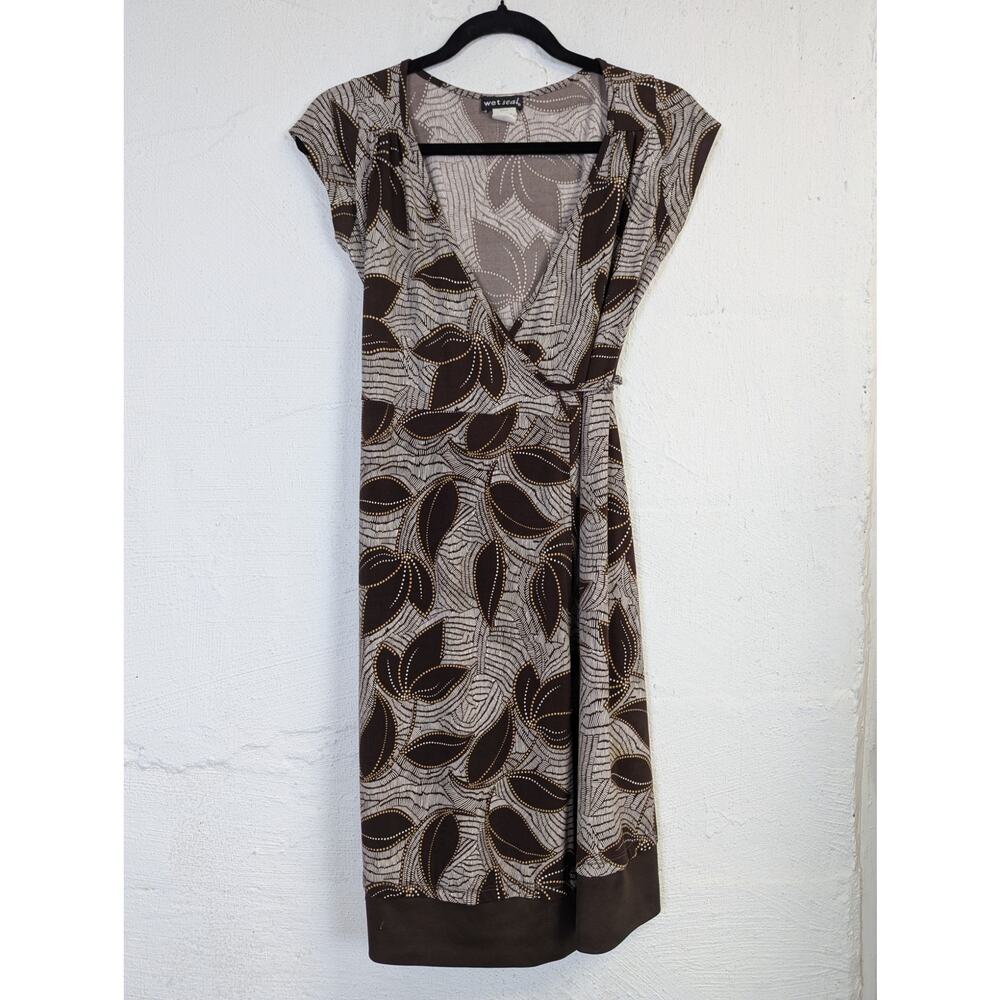 Y2K Wet Seal Wrap Dress Womens Small Brown Floral Slinky Flowy Earthy Hippie